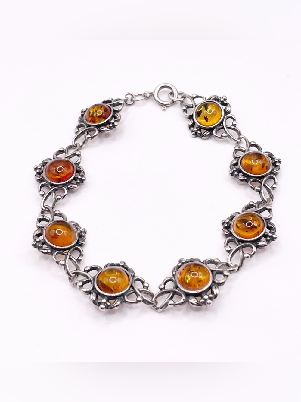Vintage Sterling Silver Baltic Amber Link Bracelet